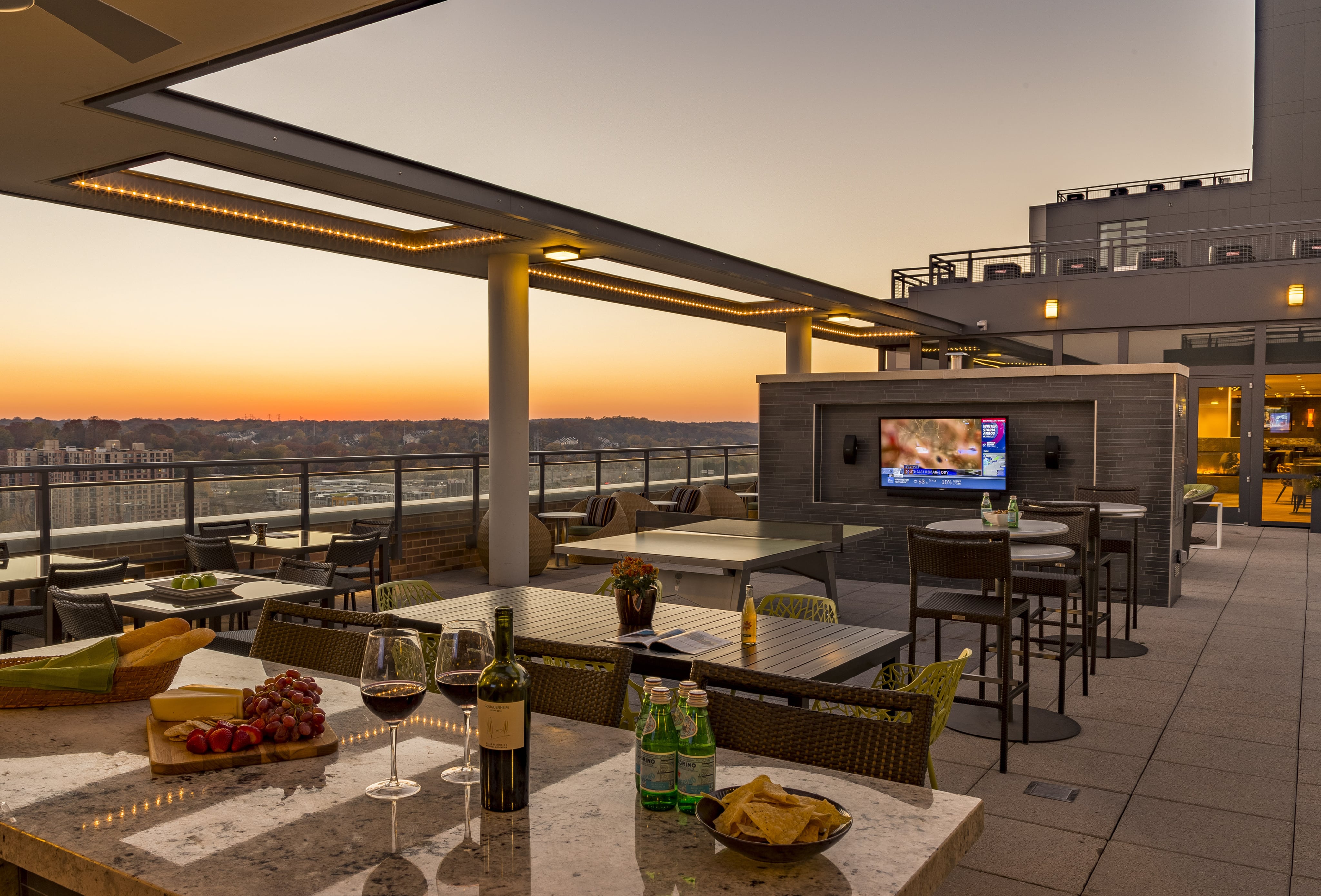 Norstone Lynia Basalt Interlocking Tile used on a focal wall in an upscale rooftop lounge in Washington, D.C.